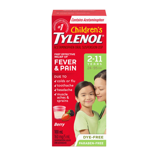 Boîte de Tylenol pour enfants (2 à 11 ans, 24-95 lbs) pour soulagement rapide de la fièvre et de la douleur, saveur fruits rouges, sans colorant ni parabène.