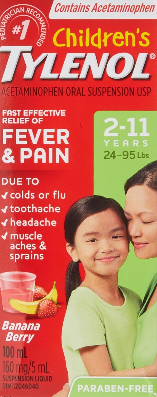 Boîte de Tylenol pour enfants (2 à 11 ans, 24-95 lbs) pour soulagement rapide de la fièvre et de la douleur, saveur banane-fruits rouges, sans parabène.