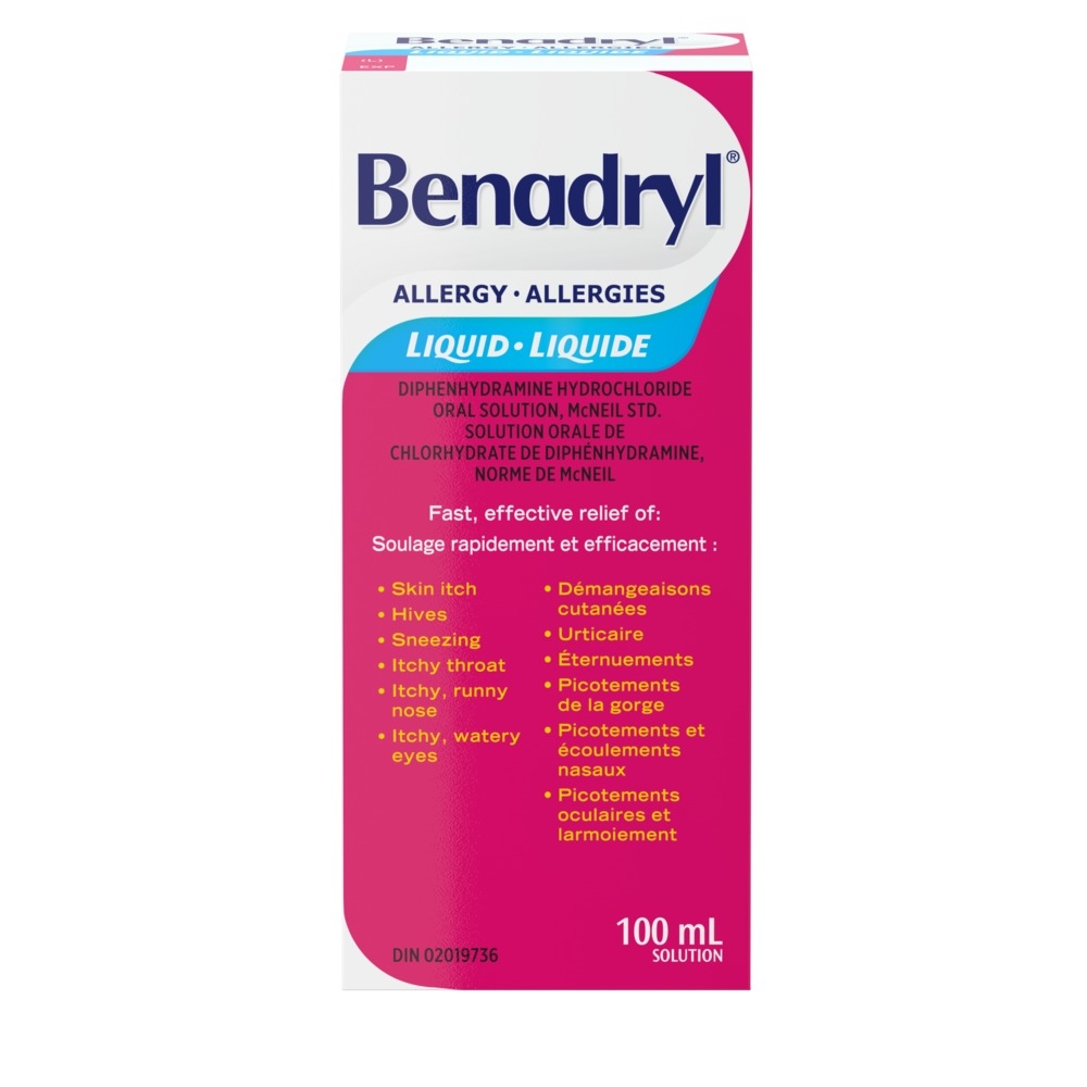 Children’s Benadryl Allergy Liquid bubble gum flavour for relief of itching, hives, sneezing, and watery eyes