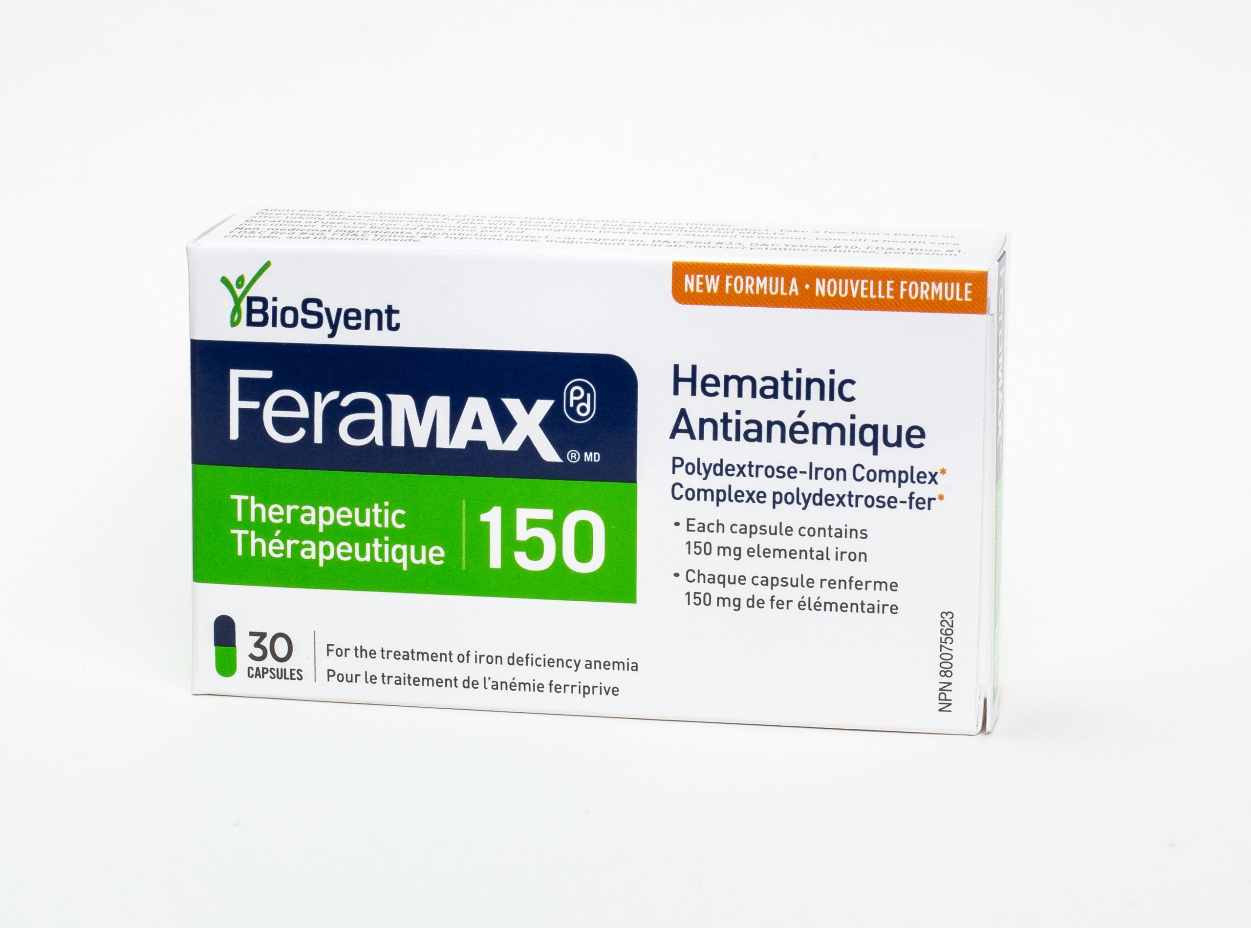 Boîte de FeraMAX 150 antianémique avec complexe polydextrose-fer, 30 gélules