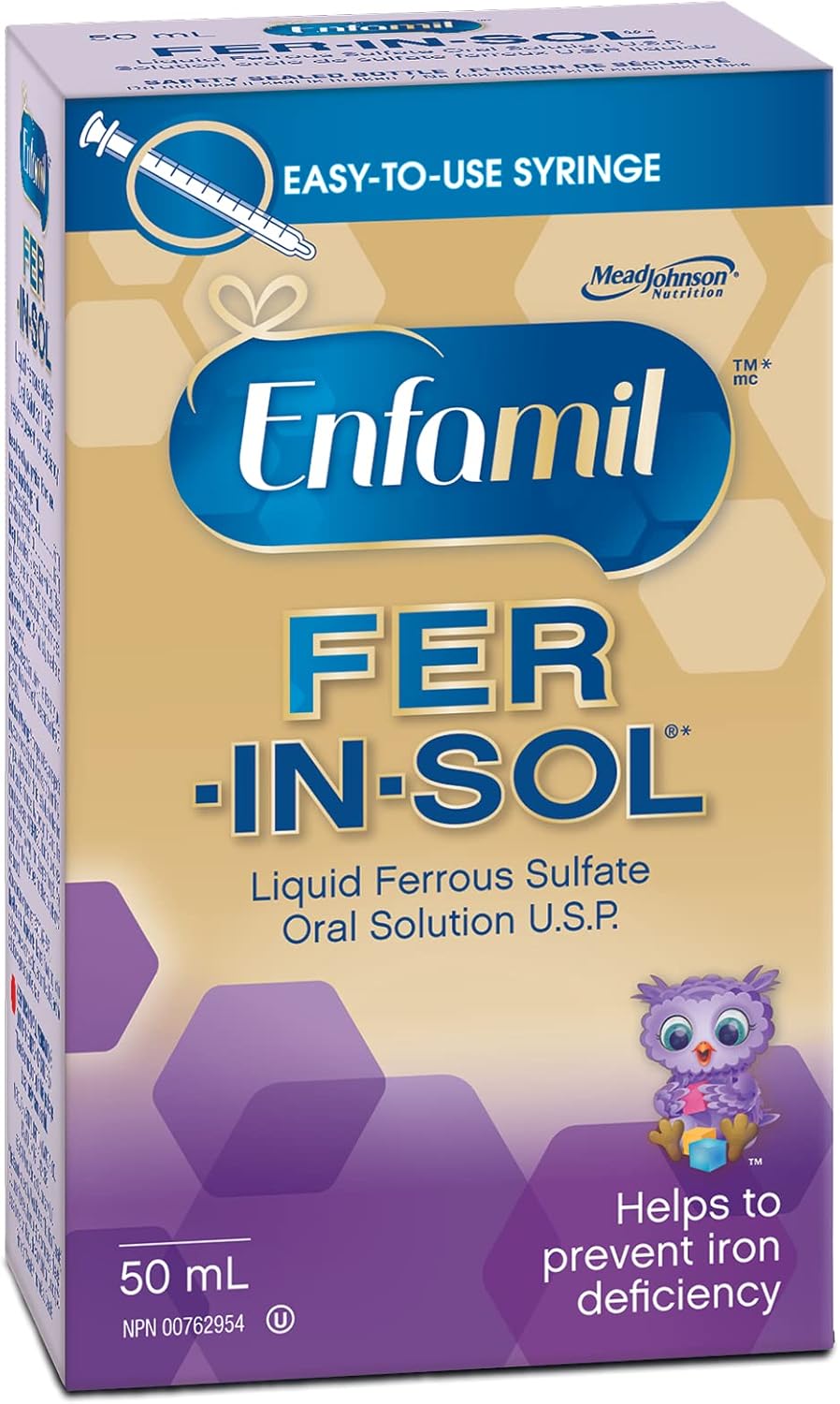 Enfamil Fer-In-Sol ferrous sulfate oral solution bottle and box for iron deficiency prevention