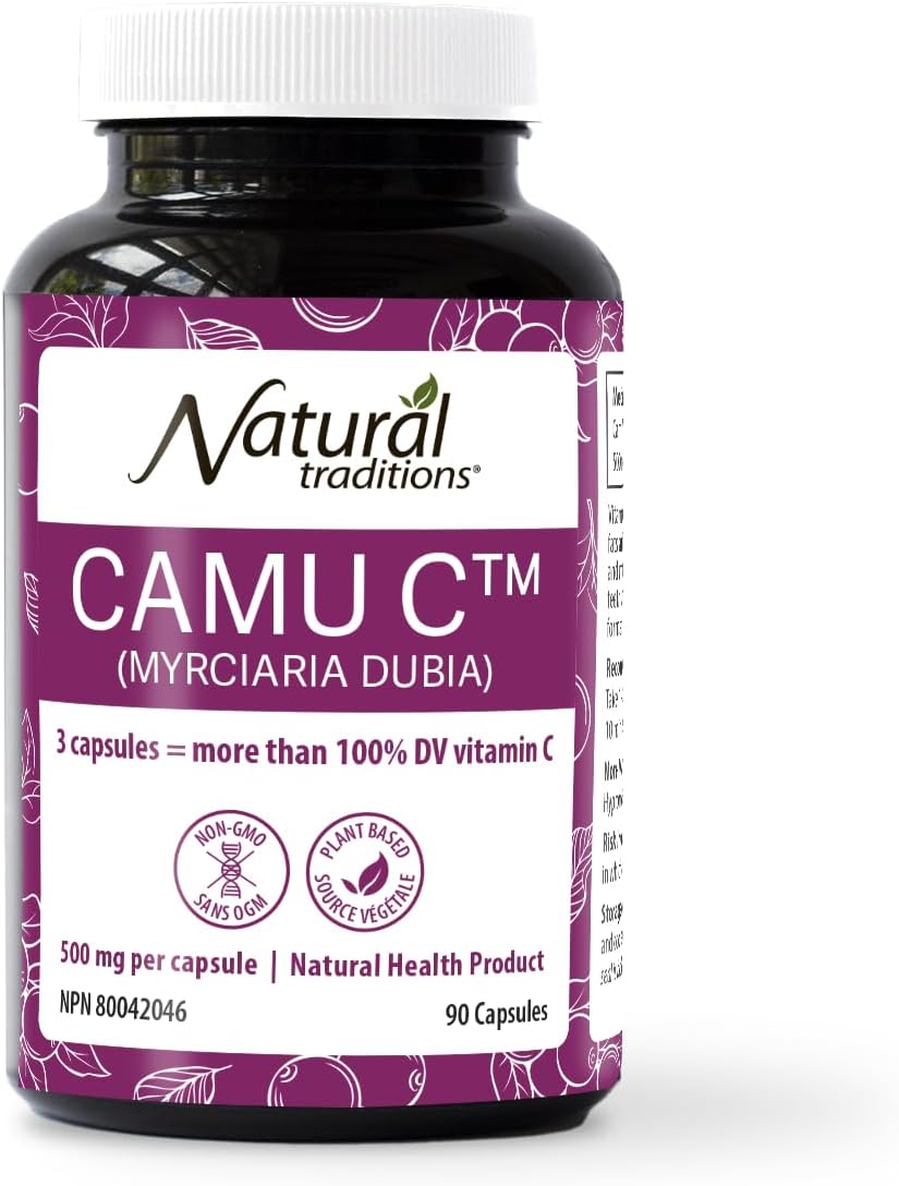 Bottle of Natural Traditions Camu C capsules with vitamin C, non-GMO and plant-based labels