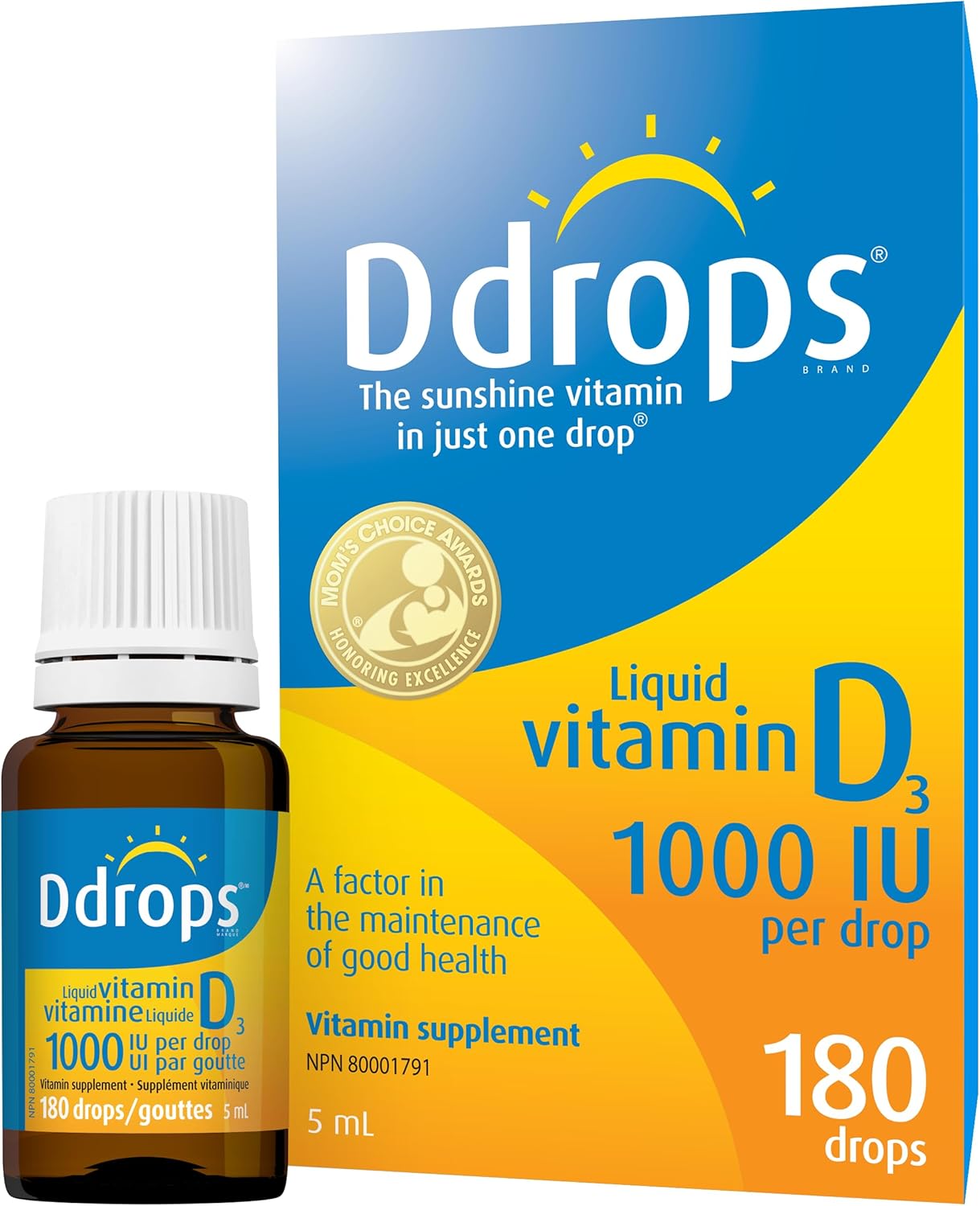 Ddrops liquid vitamin D3 supplement 1000 IU per drop with 180 drops bottle and box