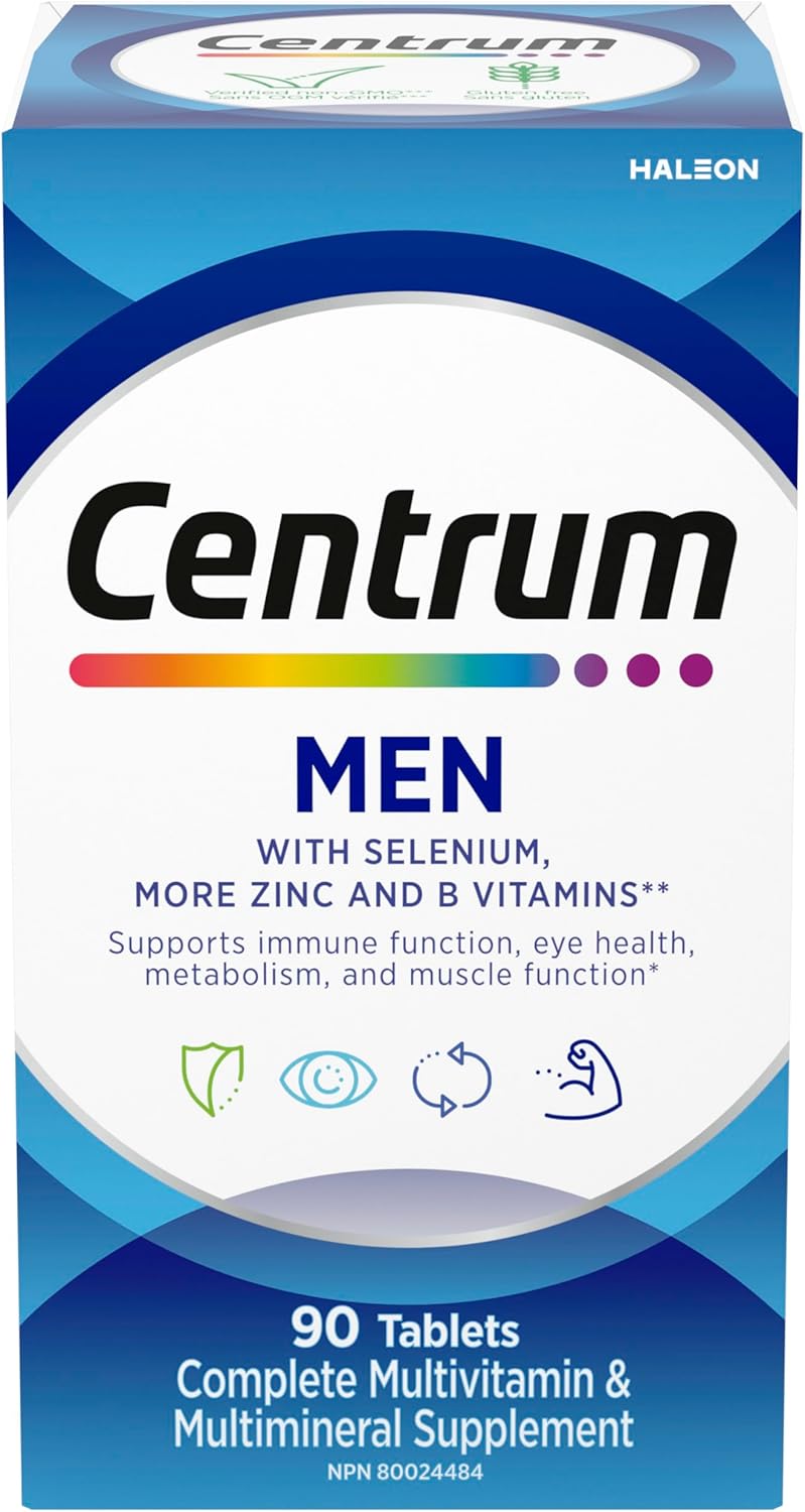 Centrum Men multivitamin box with selenium, zinc, B vitamins; supports immunity, eyes, metabolism, muscles.
