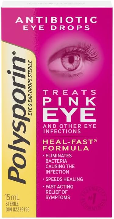 Polysporin antibiotic eye drops 15mL, fast-acting formula treats pink eye and bacterial infections