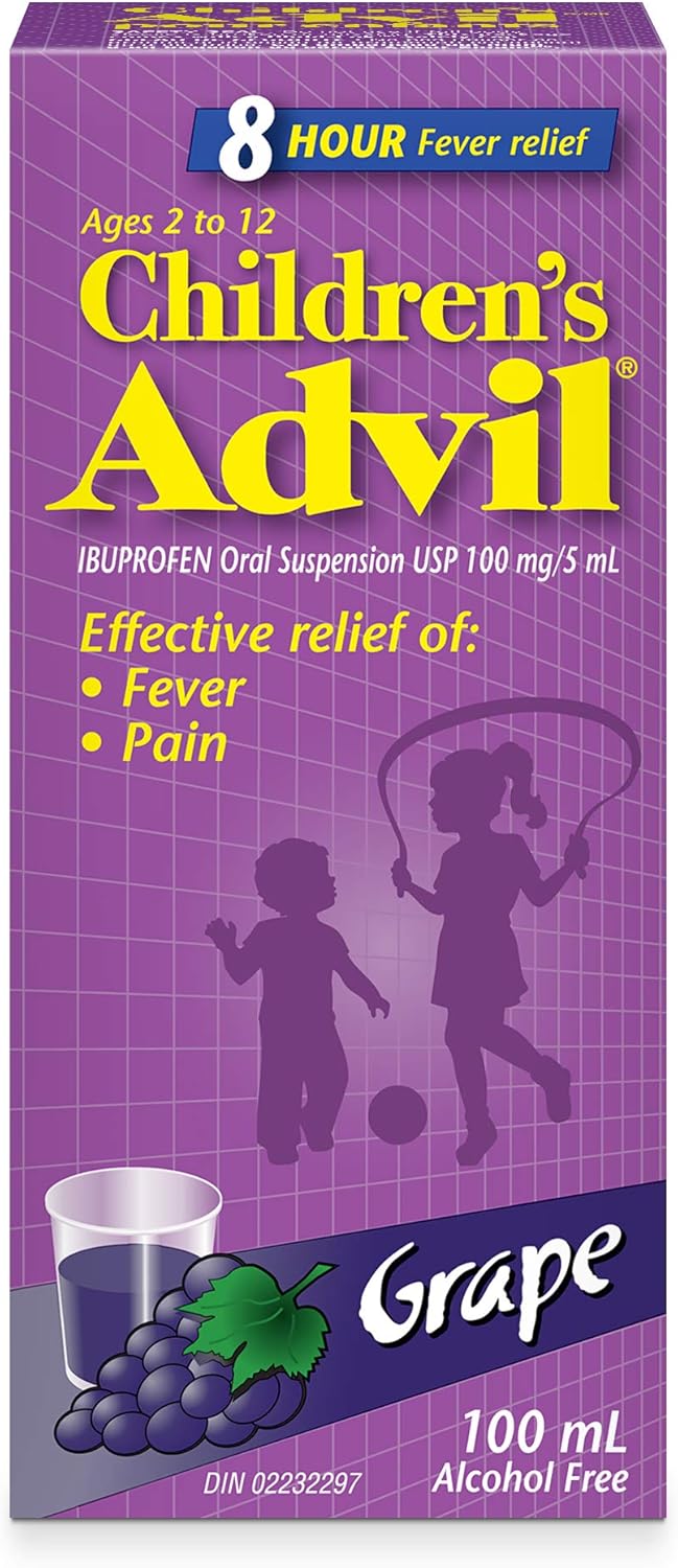 Children’s Advil grape flavour 100mL, ibuprofen 100mg/5mL, 8-hour fever and pain relief for ages 2-12