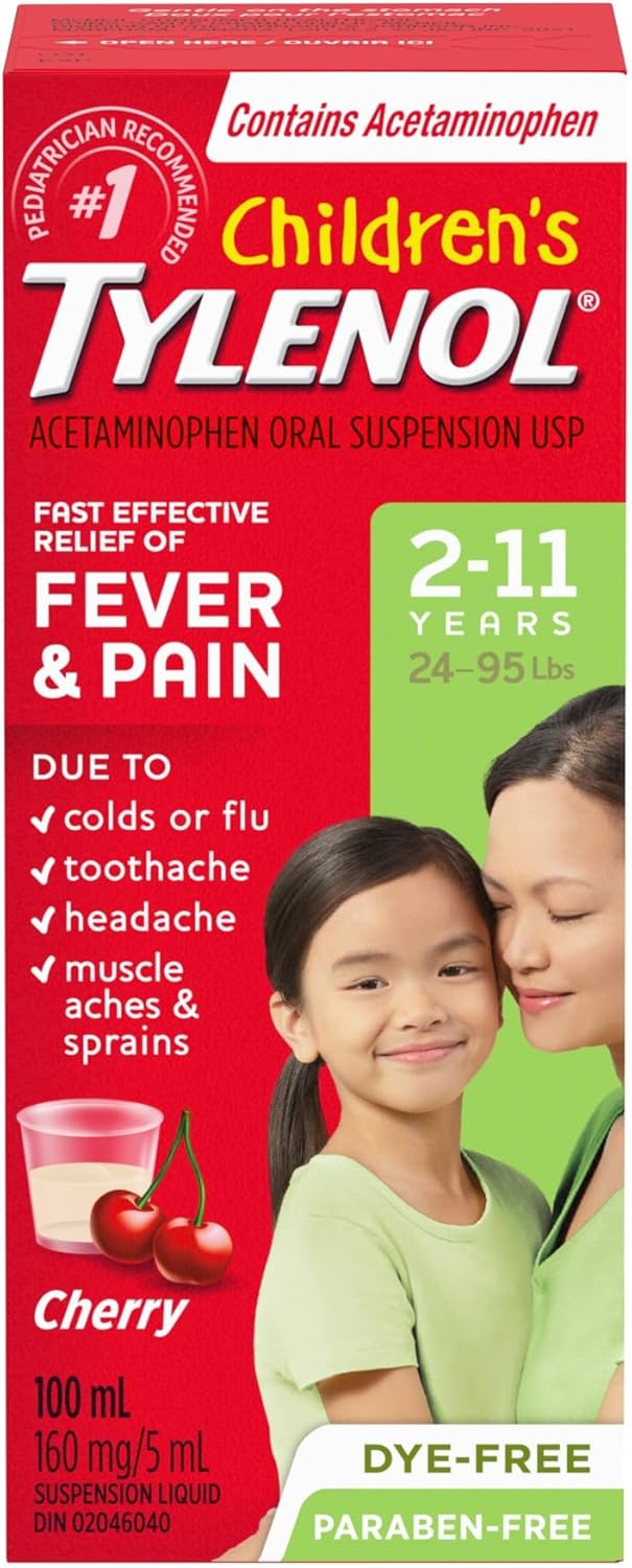 Children’s Tylenol dye-free cherry 100mL, 160mg/5mL acetaminophen, relieves fever, headache, toothache