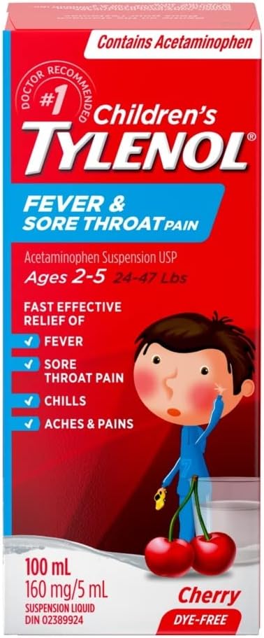Children’s Tylenol Cherry 100mL, 160mg/5mL acetaminophen, for ages 2-5, relieves fever and sore throat
