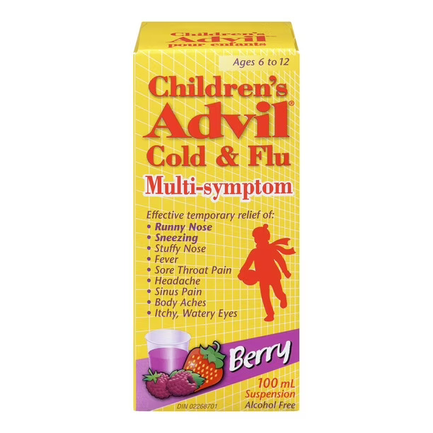 Children’s Advil Cold & Flu Berry 100mL suspension for ages 6-12, relieves fever, pain, runny nose