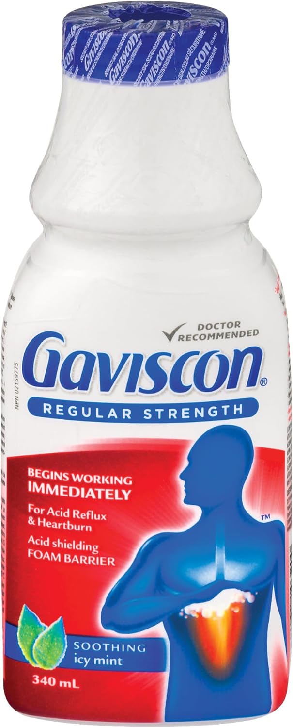 Gaviscon Regular Strength liquid 340mL, soothing icy mint, fast relief for acid reflux & heartburn