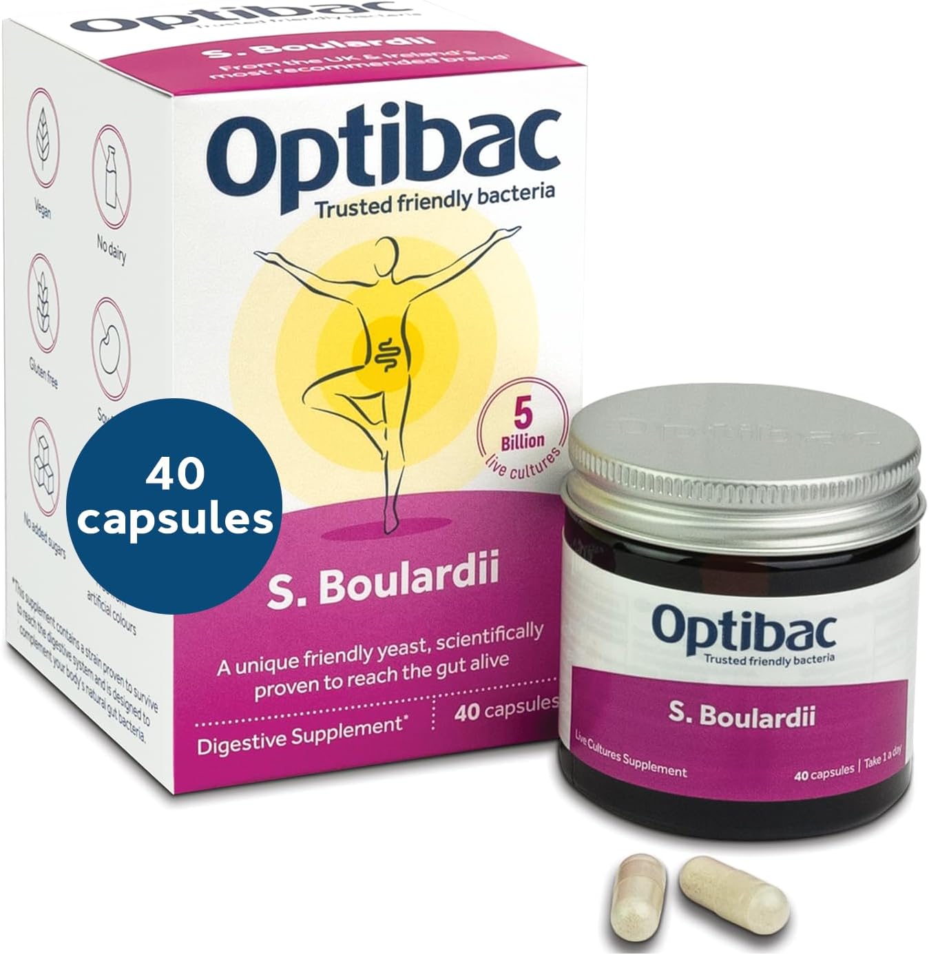 Optibac S. Boulardii probiotic supplement with 5 billion live cultures, 40 vegan capsules