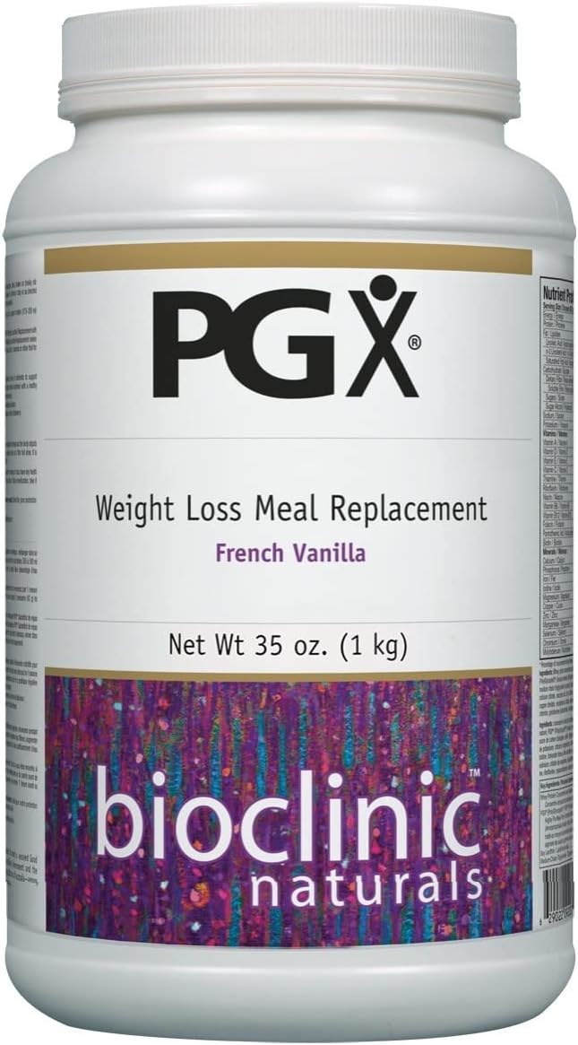 Container of Bioclinic Naturals PGX Weight Loss Meal Replacement, French Vanilla flavor, net weight 35 oz (1 kg)