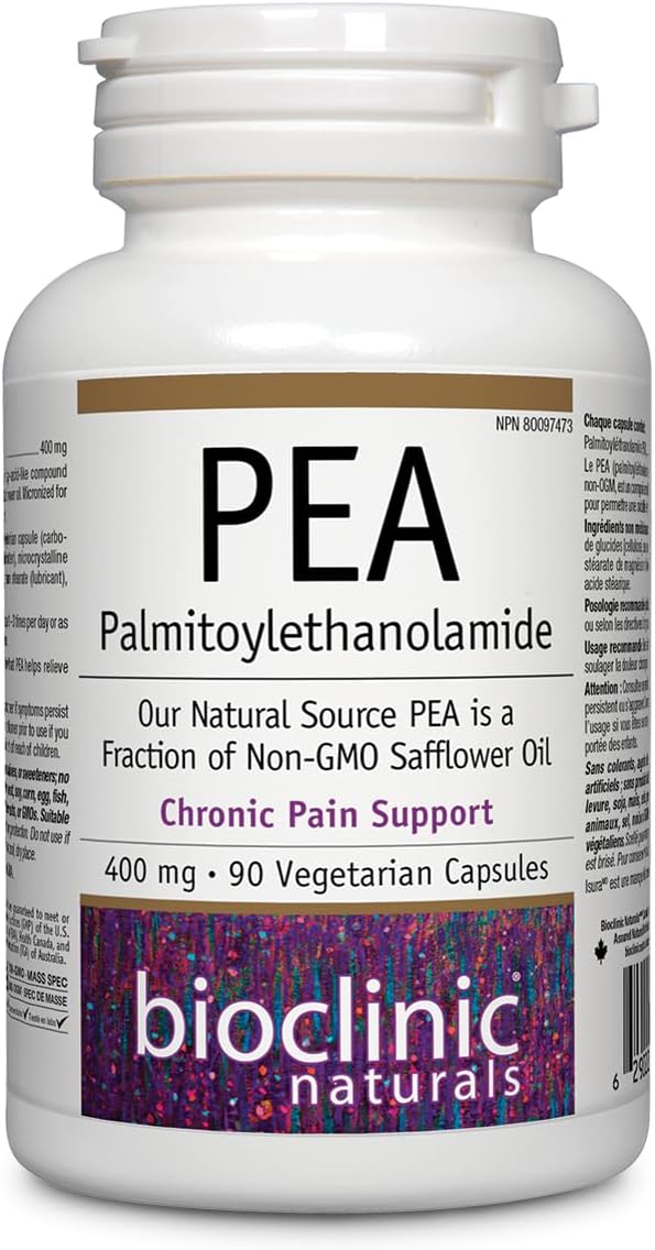 Bottle of Bioclinic Naturals PEA Palmitoylethanolamide 400 mg, 90 vegetarian capsules