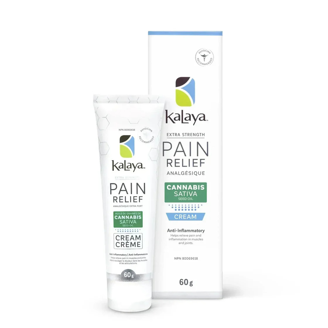 Tube and box of Kalaya Pain Relief Cream with Cannabis Sativa Seed Oil, 60g