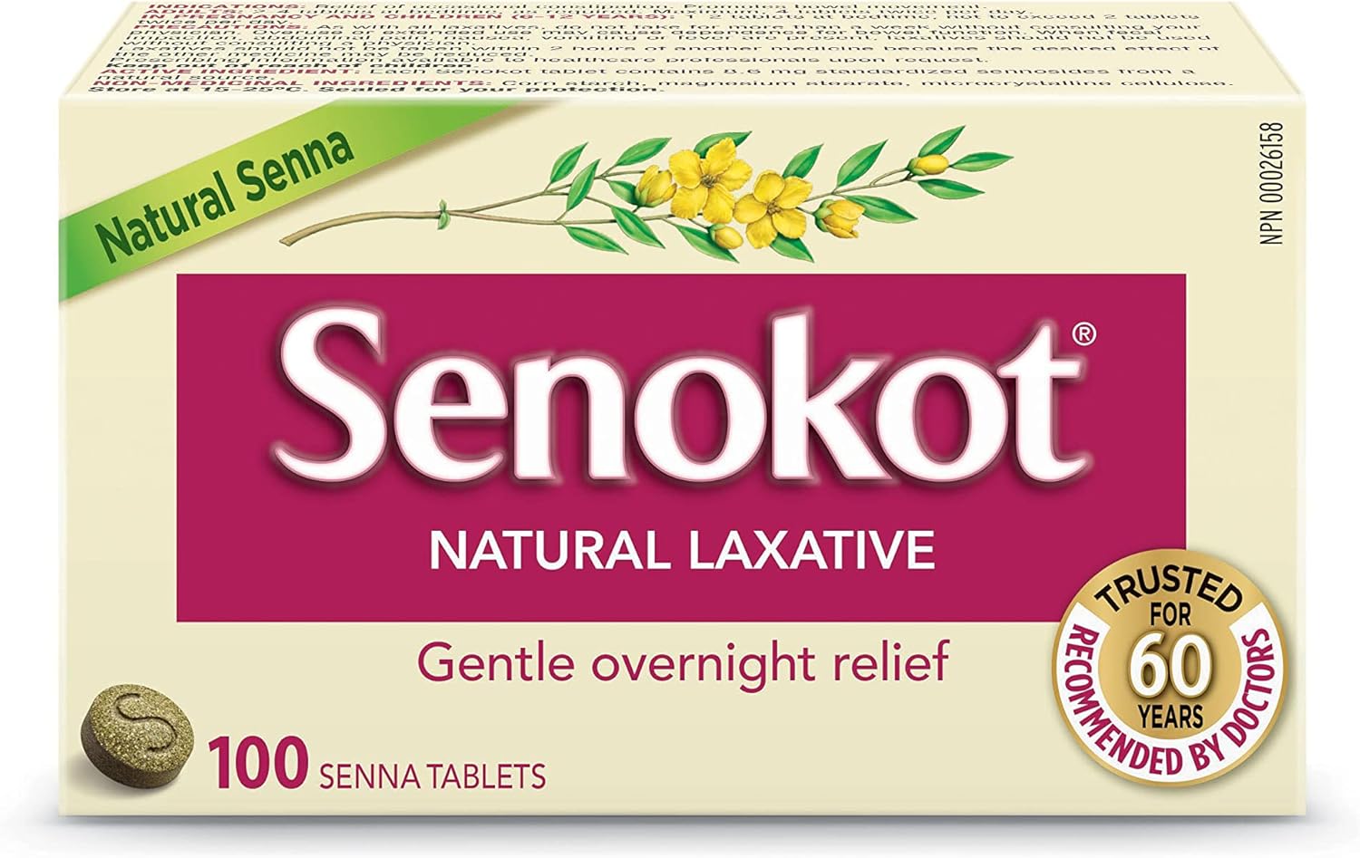 Senokot natural senna laxative box with 100 tablets for gentle overnight relief