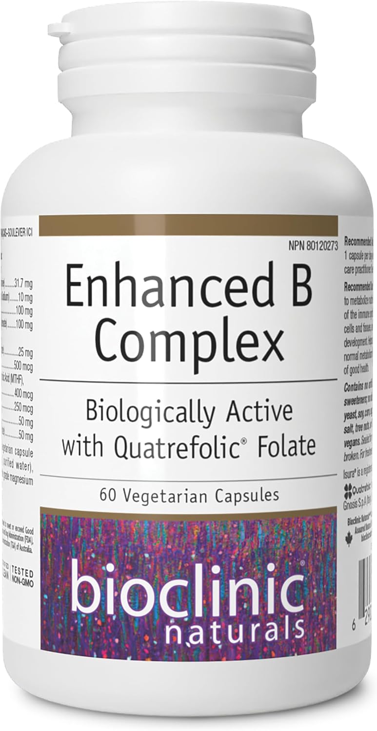 Bottle of Bioclinic Enhanced B Complex with Quatrefolic Folate, 60 vegetarian capsules.