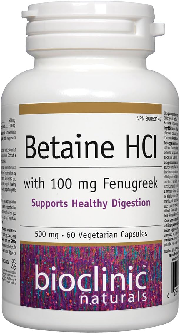 Bottle of Bioclinic Betaine HCl 500 mg with 100 mg fenugreek, supports healthy digestion.