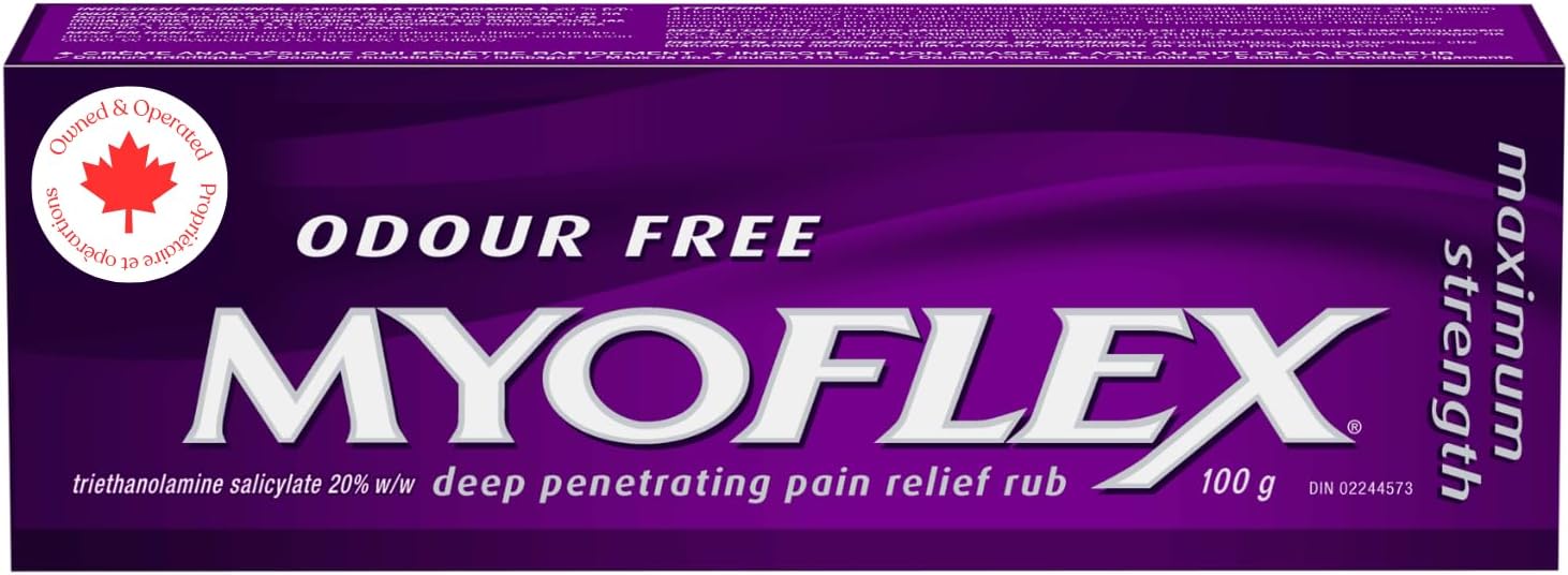 Purple box of Myoflex odour-free deep penetrating pain relief rub, 20% strength, 100 g