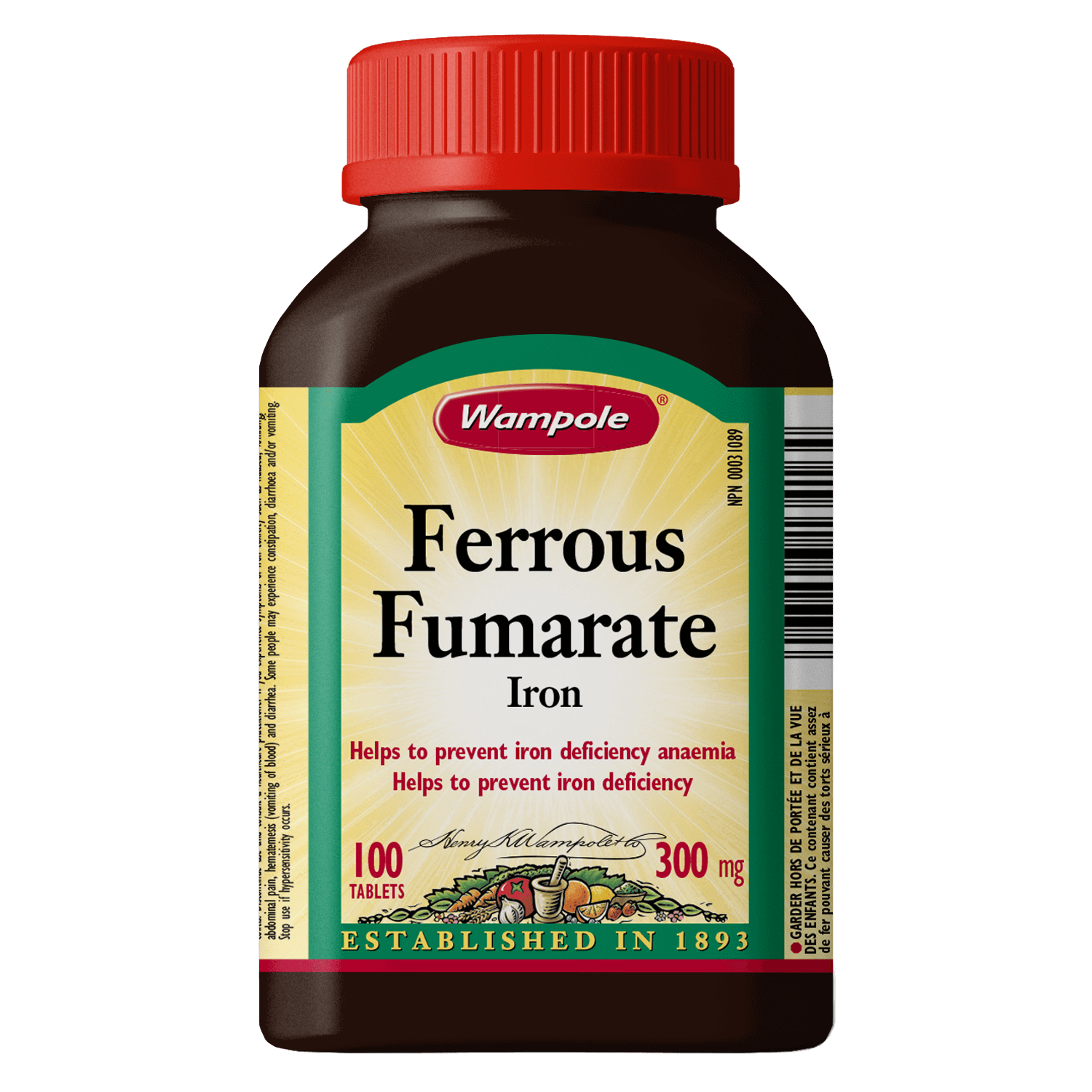 Bottle of Wampole Ferrous Fumarate Iron 300 mg, 100 tablets, prevents iron deficiency