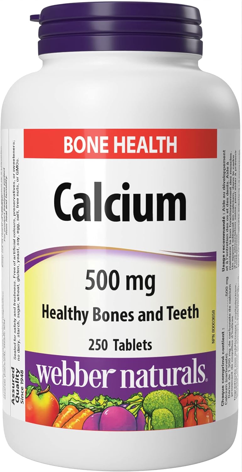 Bottle of Webber Naturals Calcium 500 mg, 250 tablets, bone health support