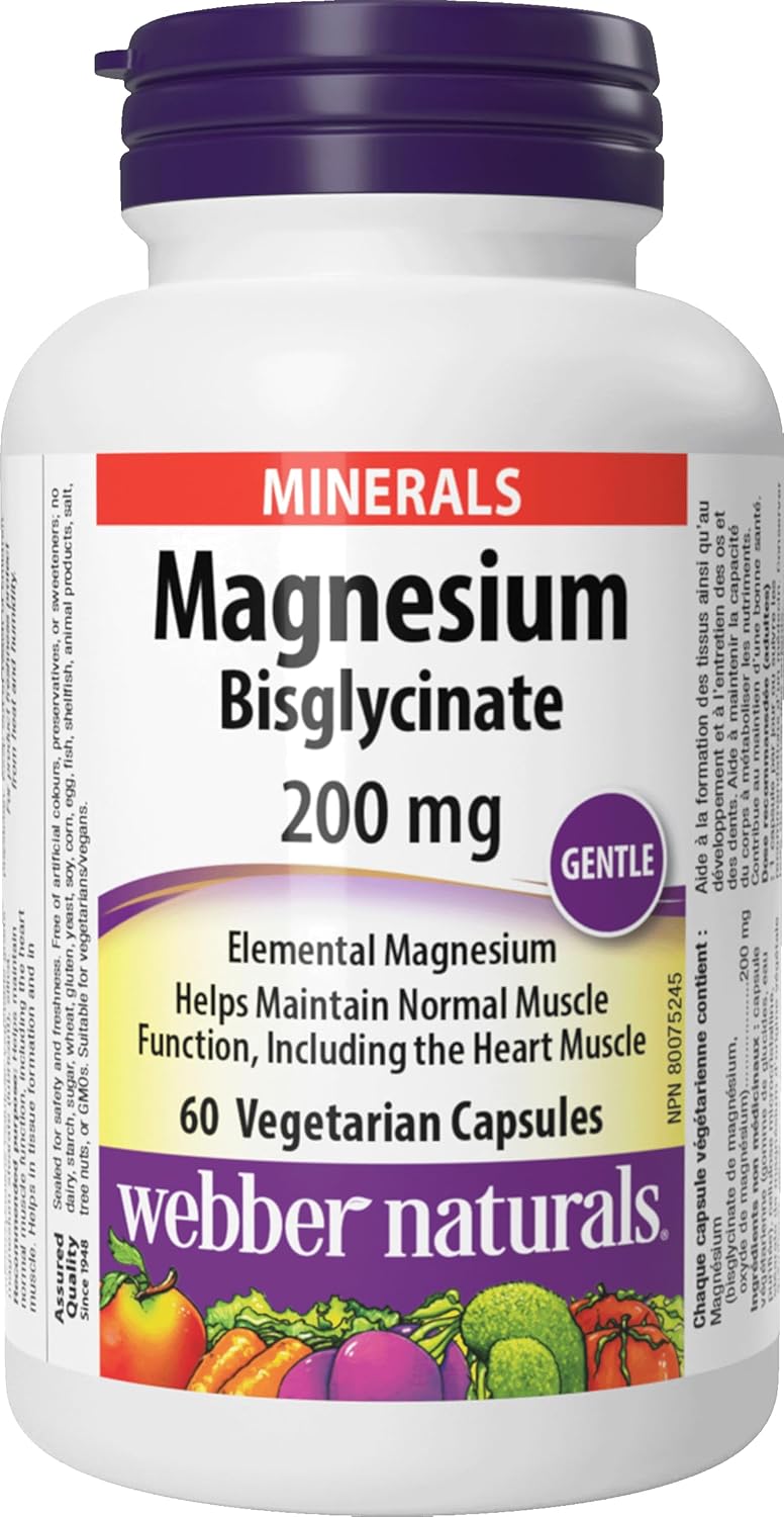 Bottle of Webber Naturals Magnesium Bisglycinate 200 mg, 60 vegetarian capsules