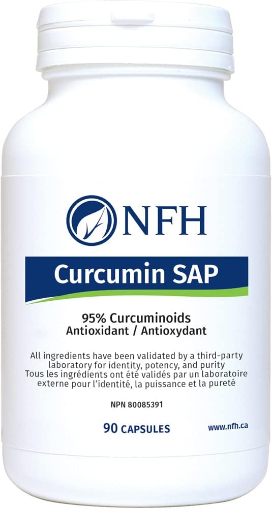 NFH Curcumin SAP supplement bottle with 95% curcuminoids, antioxidant support, 90 capsules