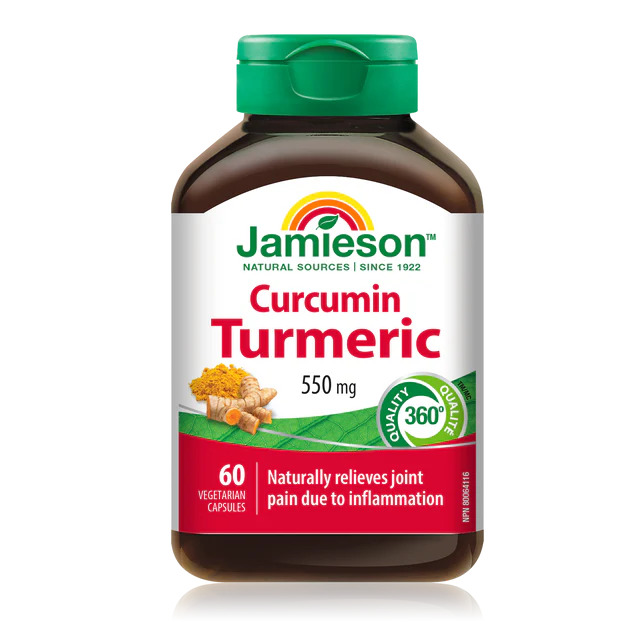 Bottle of Jamieson Curcumin Turmeric 550 mg, 60 vegetarian capsules for joint pain relief