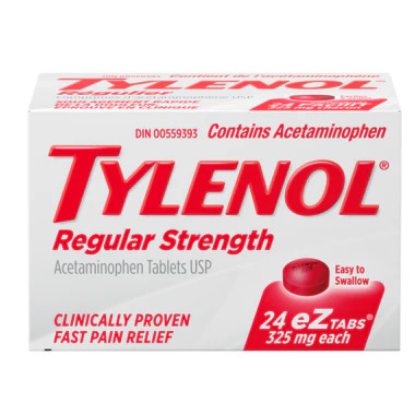 Box of Tylenol regular strength acetaminophen tablets, 24 eZTabs for fast pain relief