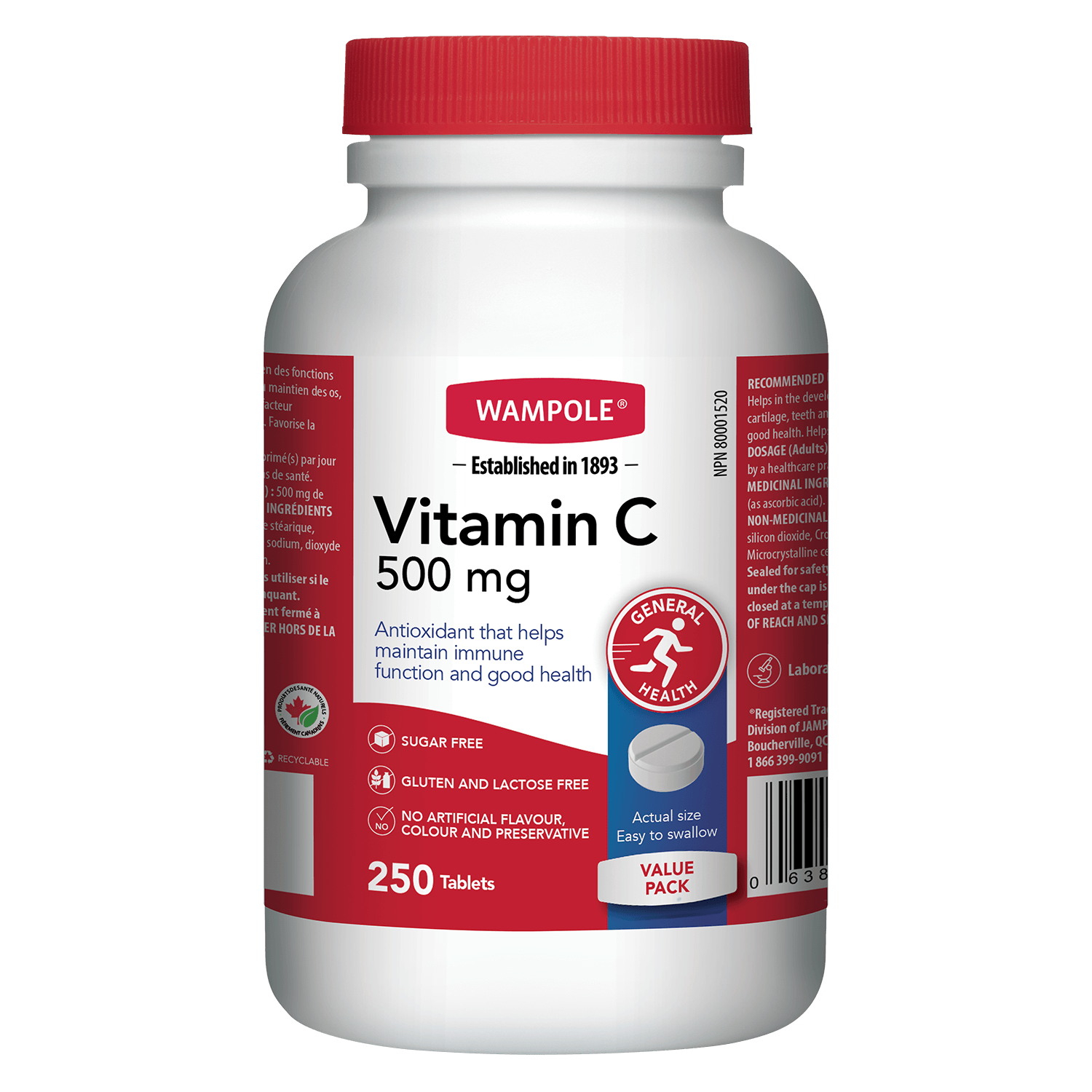 Wampole Vitamin C 500 mg bottle with 250 tablets for immune support and health.