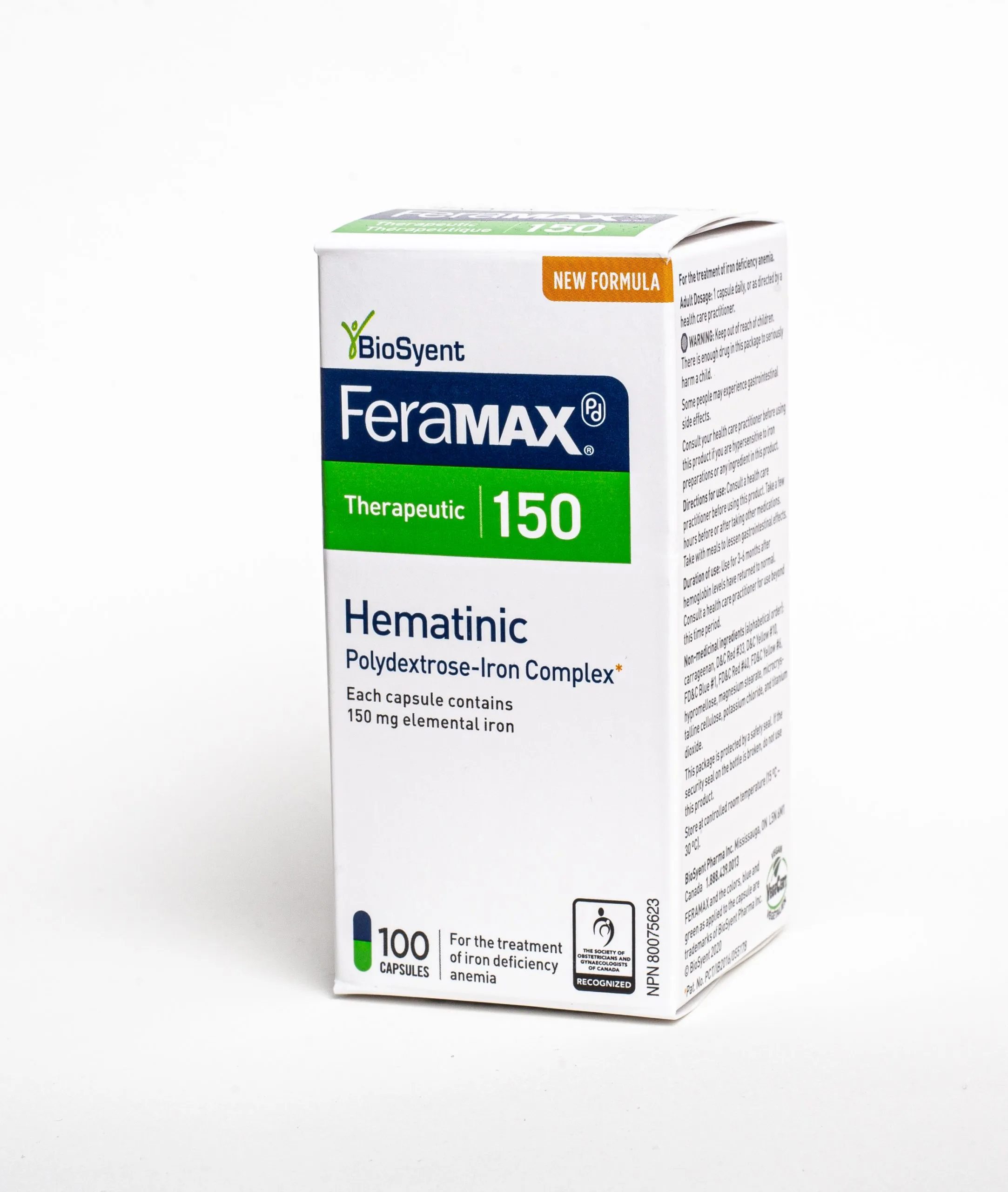 FeraMAX Pd Therapeutic 150, 100 capsules – 150 mg elemental iron polydextrose‑iron complex – Quiick Medicine Canada pharmacy