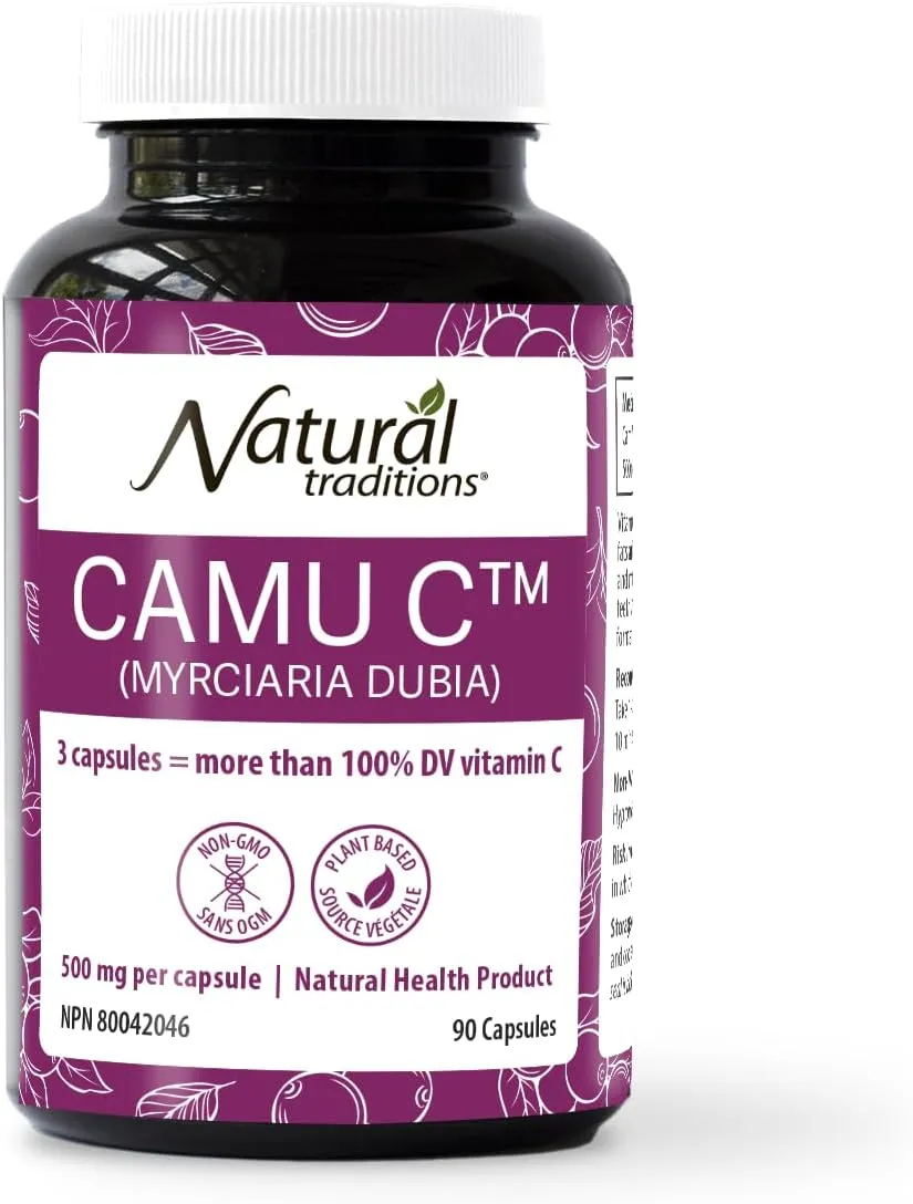 Bottle of Natural Traditions Camu C capsules with vitamin C, non-GMO and plant-based labels