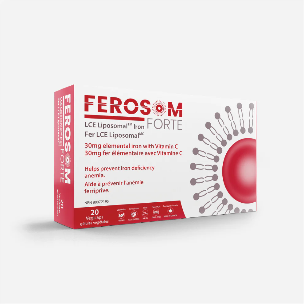 Ferosom Forte iron supplement, 30mg with Vitamin C, prevents iron deficiency anemia.