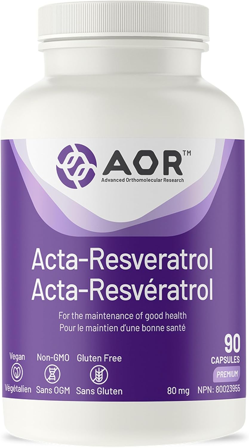 Bottle of AOR Acta-Resveratrol, 90 capsules, 80 mg, vegan, non-GMO, gluten free