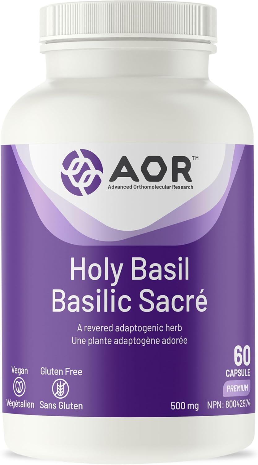 Bottle of AOR Holy Basil, 60 capsules, vegan, gluten free, 500 mg adaptogenic herb