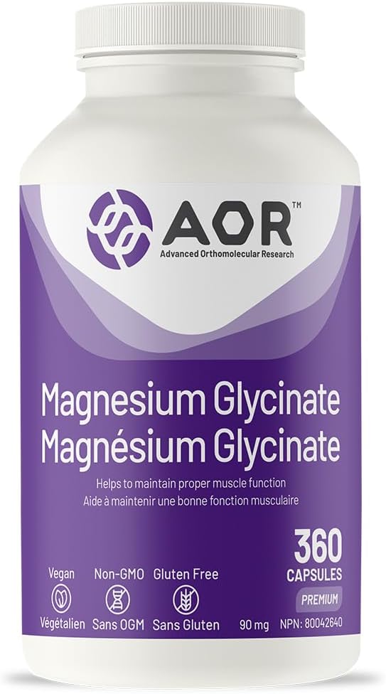Bottle of AOR Magnesium Glycinate, 360 capsules, supports muscle function, vegan, gluten free