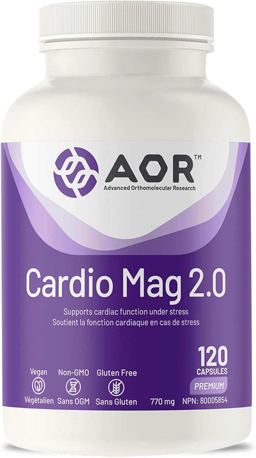 Bottle of AOR Cardio Mag 2.0 with benefits: heart protection, energy, gluten free, made in Canada