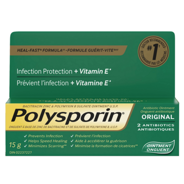 Polysporin antibiotic ointment box, 15 g, with infection protection and Vitamin E
