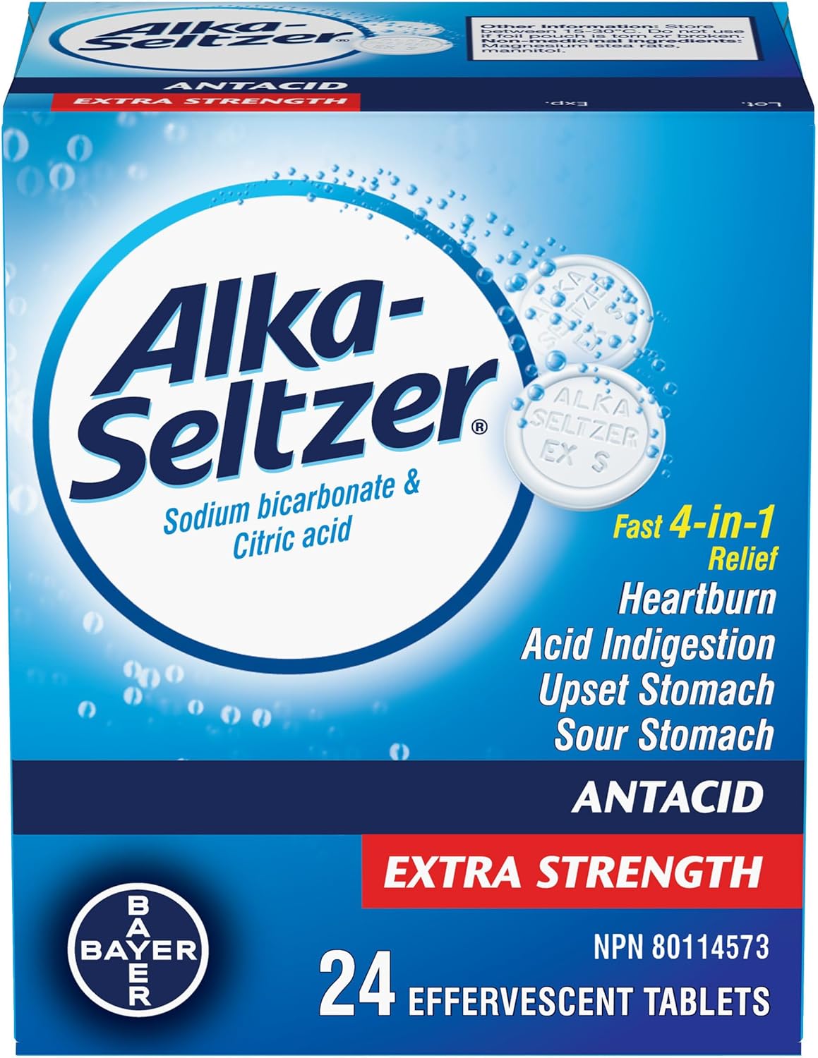 Alka-Seltzer Extra Strength antacid box, 24 effervescent tablets for fast relief